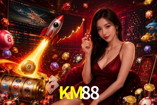 Una escena digital vívida inspirada en casino con KM88 mostrado prominentemente, luces brillantes, fichas, cartas y acentos dorados.
